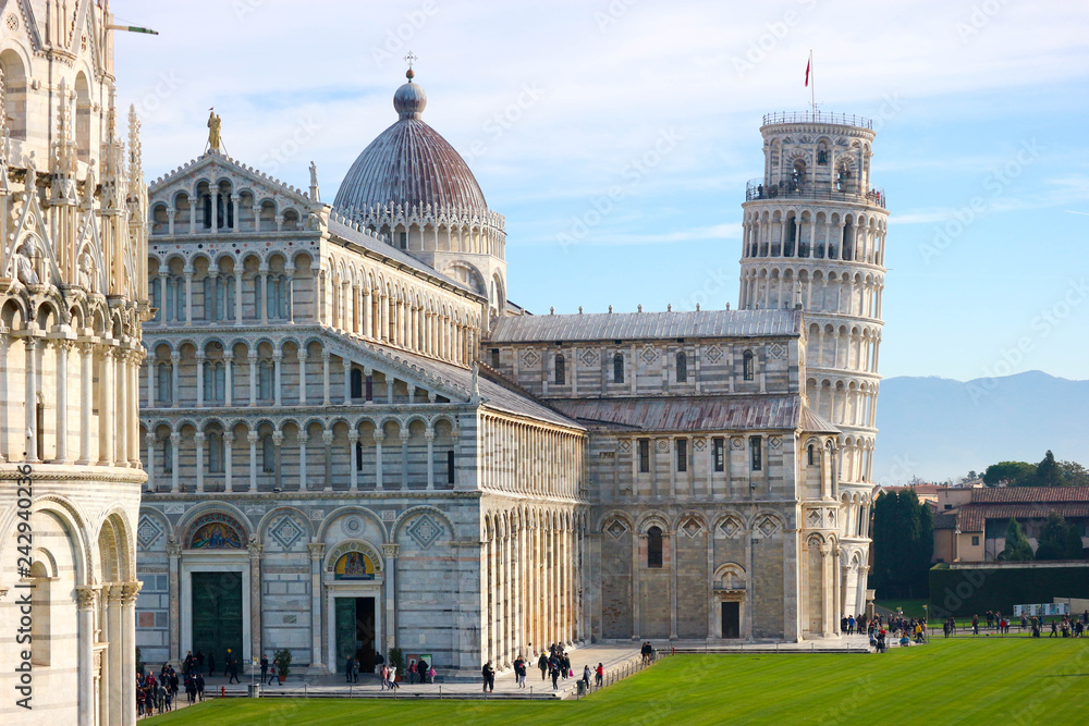 View to Piazza dei Miracoli (Square of Miracles) with Pisa cathedral, baptistery and leaning tower, Tuscany, Italy