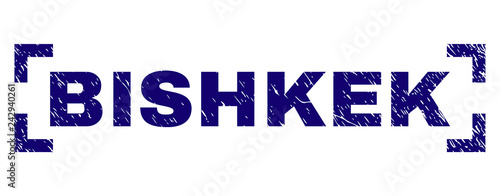 BISHKEK text seal print with corroded texture. Text title is placed between corners. Blue vector rubber print of BISHKEK with dust texture.