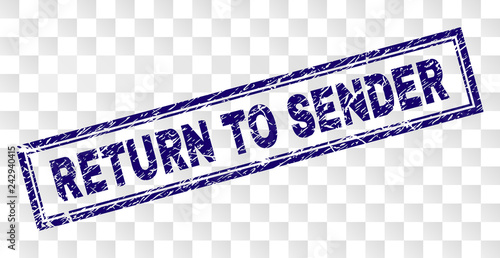 RETURN TO SENDER stamp seal print with rubber print style and double framed rectangle shape. Stamp is placed on a transparent background.