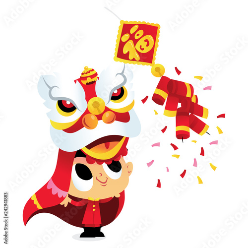 Super Cute Cartoon Happy Chinese New Year Lion Dance Boy © totallyjamie