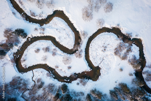Winter river aerial view