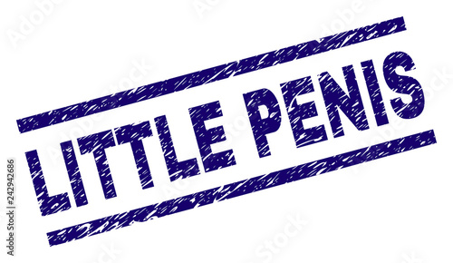 LITTLE PENIS seal print with scratced style. Blue vector rubber print of LITTLE PENIS title with scratched texture. Text title is placed between parallel lines.