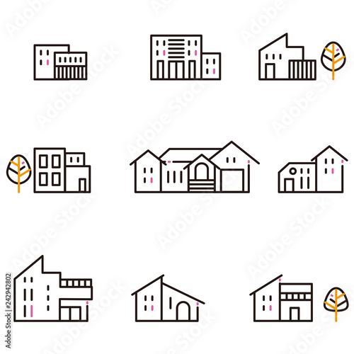 3色の線画の住宅街にある家と木