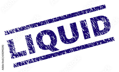 LIQUID seal print with distress style. Blue vector rubber print of LIQUID text with dust texture. Text caption is placed between parallel lines.