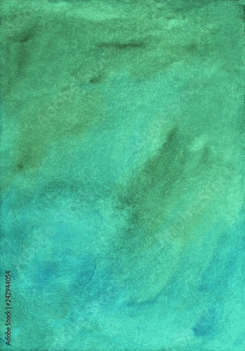 Sea green deep background. Watercolor abstract sea green backdrop. Aquarelle vintage texture. Modern art. Watercolour blue-green trendy backdrop for card, invitation, textile, blog. Stains on paper.