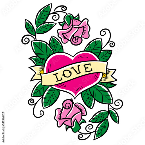 Heart twisted in the ribbon. Heart tattoo with ribbon and roses. Old school style. Ribbon with an inscription love