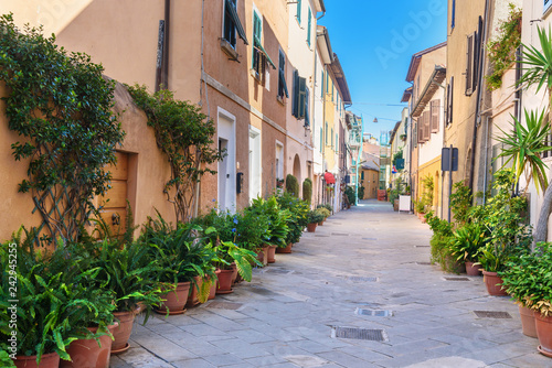 View of narrow street in Orbetello on peninsula Argentario. Tuscany. Italy