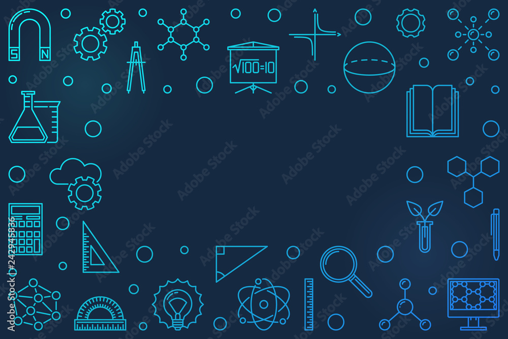 STEM blue horizontal frame with place for your text. Vector science colored outline illustration or background STEM blue horizontal frame with place for your text. Vector science colored outline illustration or background