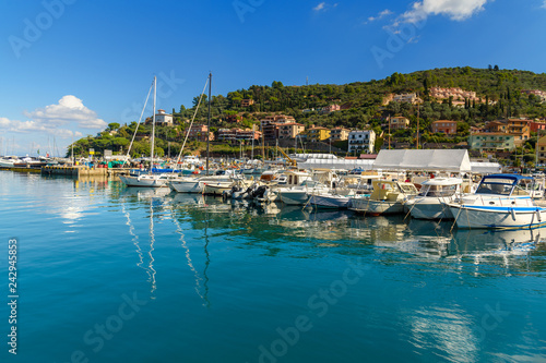 View of harbor seafront in seaport town Porto Santo Stefano in Monte Argentario. Italy
