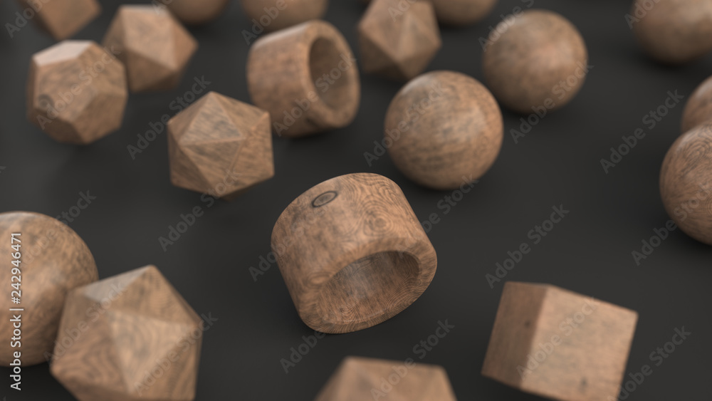 Pattern from wooden primitives on black surface Pattern from wooden primitives on black surface
