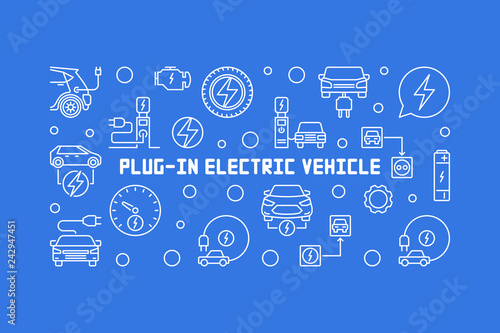 Plug-in electric vehicle vector outline horizontal illustration or banner on blue background