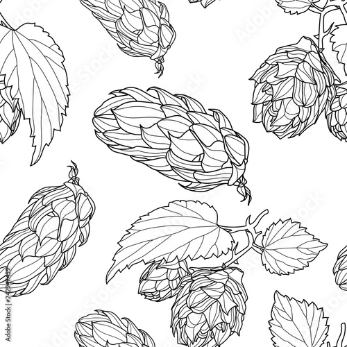 Hand drawn Hops Seamless pattern. Common hop or Humulus lupulus branch with leaves and cones. Vector Illustration.