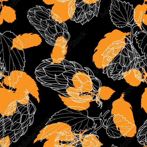 Hand drawn Hops Seamless pattern. Common hop or Humulus lupulus branch with leaves and cones. Vector Illustration.