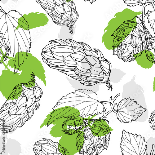 Hand drawn Hops Seamless pattern. Common hop or Humulus lupulus branch with leaves and cones. Vector Illustration.