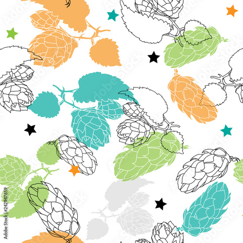 Hand drawn Hops Seamless pattern. Common hop or Humulus lupulus branch with leaves and cones. Vector Illustration.
