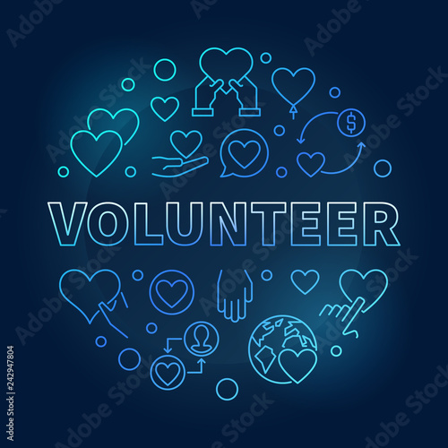 Volunteer blue round vector outline illustration. Charity and volunteering colored symbol in thin line style on dark background