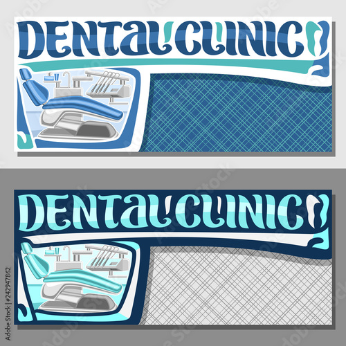 Vector leaflets for Dental Clinic with copy space, invitations with illustration of modern dentist cabinet with empty dental chair, original brush lettering for words dental clinic on blue background.