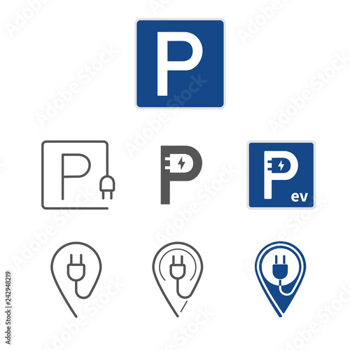 EV parking place sign and map pointer. Flat icons set