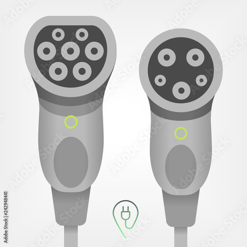 Electric car ev type 1 and type 2 charger connectors in silver color