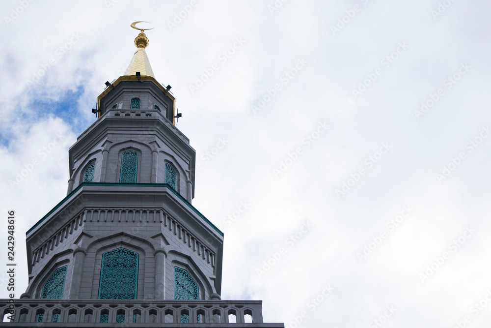 Russia, Moscow, June 1, 2018: The newly built Cathedral Mosque at Olimpiysky Avenue in Moscow, Russia. largest mosque in Moscow