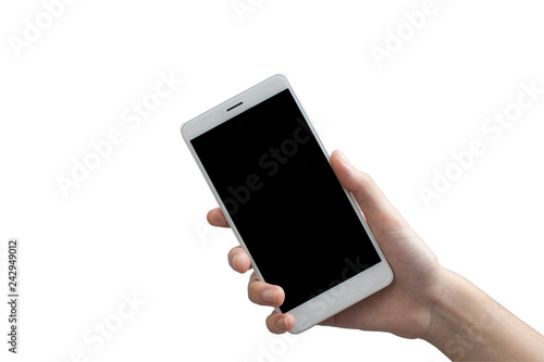 woman hand holding the white smartphone with black blank screen  - isolated on white background and clipping path- Image photo