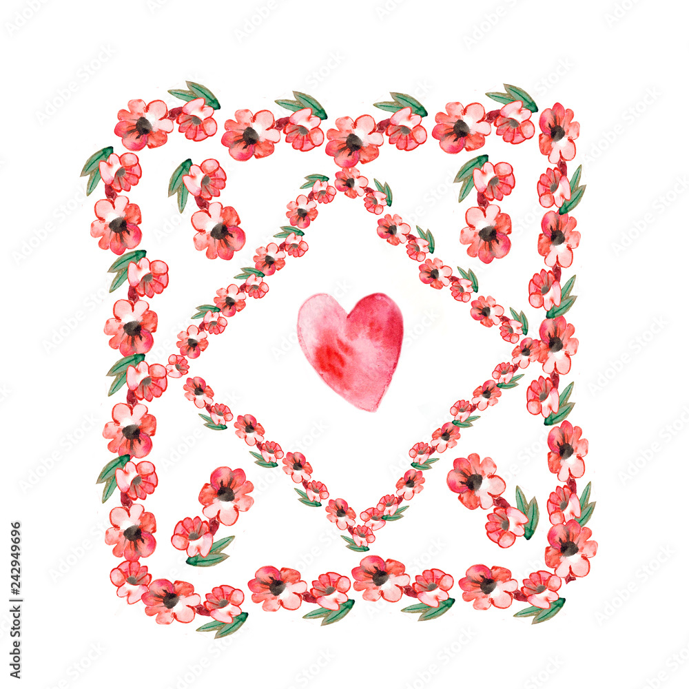 Watercolor. Square frame of red flowers and hearts on a white background.