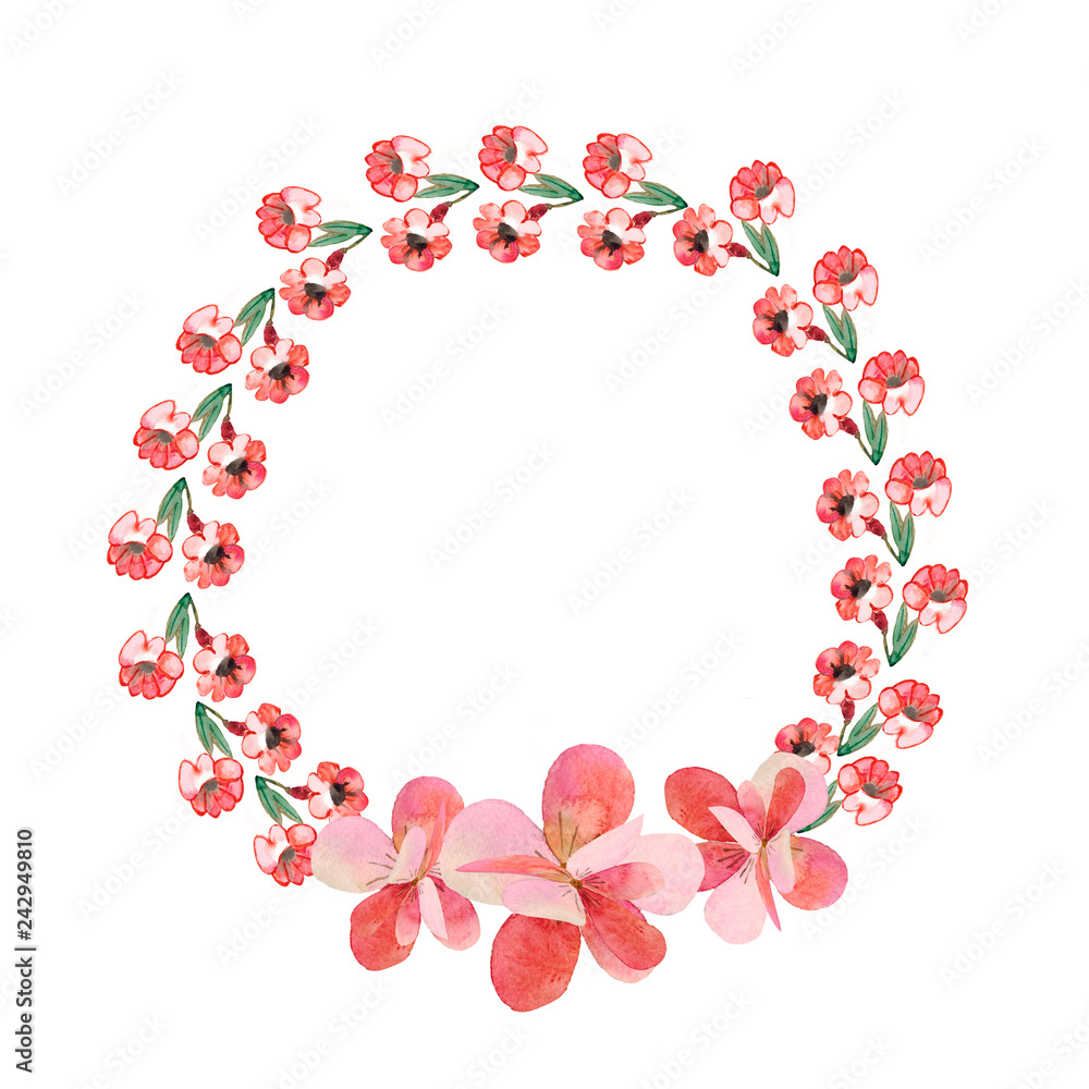 A wreath of watercolor red flowers on a white background.