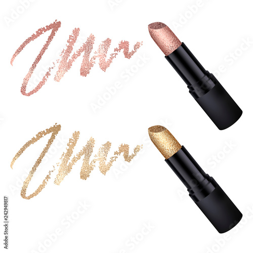 Black glossy lipstick tube with golden and rose gold lipstick and smear. Vector realistic illustration isolated on white background. Good for advertising banners, promoting of makeup.