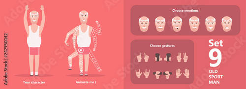 Grandpa in shorts and T-shirt. Isolated body parts character to create poses. A set of emotions and gestures. Isolated illustration - vector