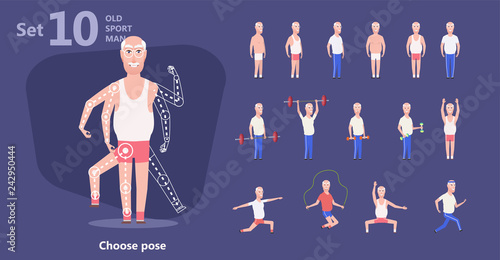 Older man perform exercises fitness training. Grandpa in various poses with lifting of weight and cardio. Set physical exercises, training, workout, sport, healthy lifestyle. Constructor pose - vector