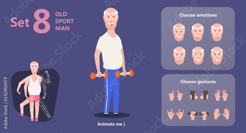 Gymnastics old man grandfather dumbbells. A set of parts for the creation of poses. Isolated parts. Adult Healthy Activities Old Age Man Character cartoon design - Vector