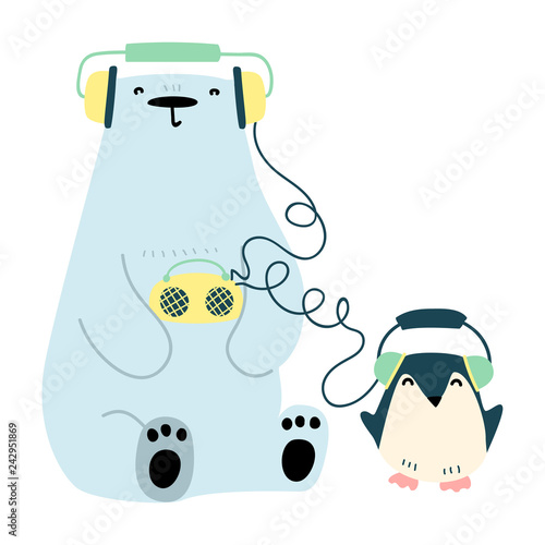 Vector of cute polar bear and penguin are listening to music.