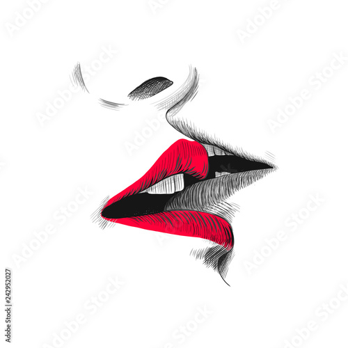 Kiss sketch vector illustration, hand drawn black, red and white doodle drawing. Young couple are kissing, open lips and mouth close up.