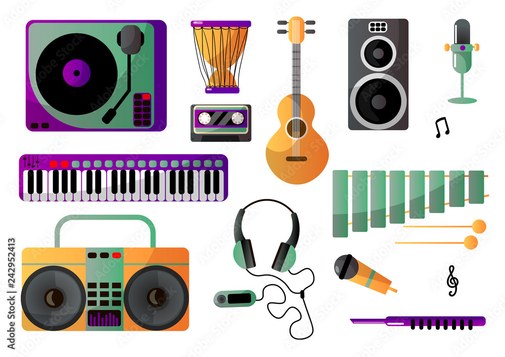 købmand Redaktør Porto Set of musical instruments for playing music and listening. Musical  accessories. Stock Vector | Adobe Stock