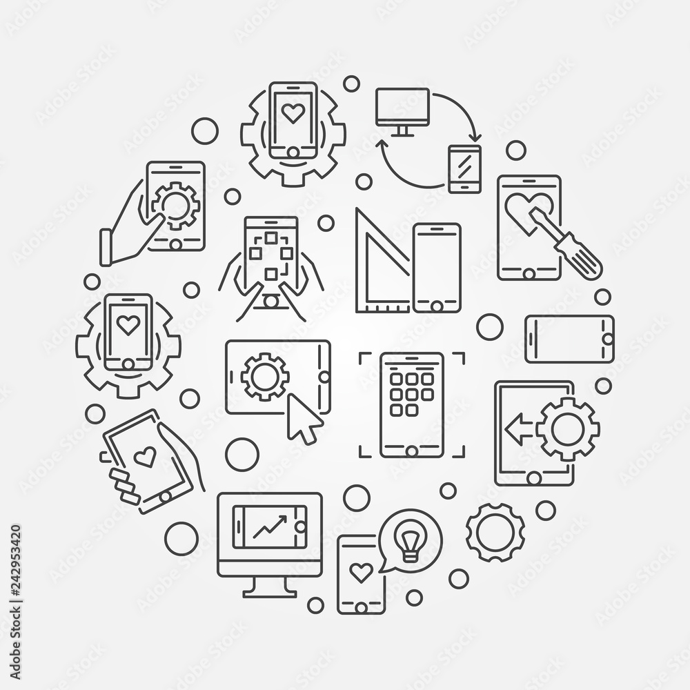Mobile App Development vector round simple concept illustration in thin line style 