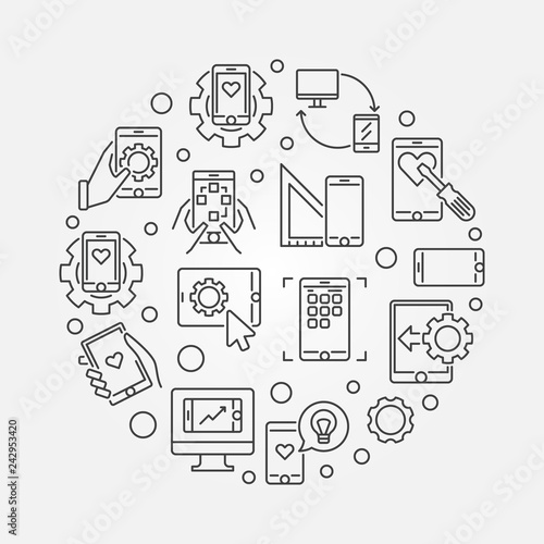 Mobile App Development vector round simple concept illustration in thin line style 