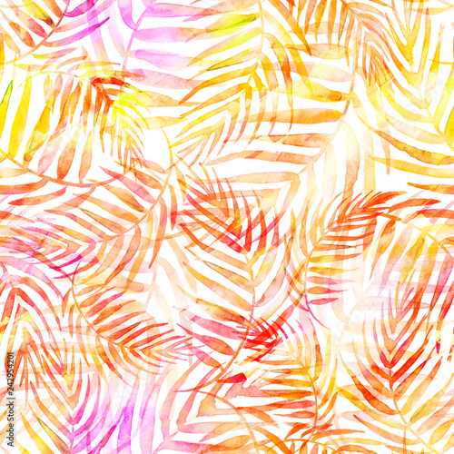 Seamless watercolor background from,Orange, red, burgundy tropical leaves, palm leaf, floral pattern. Bright Rapport for Paper, Textile, Wallpaper, design. Tropical leaves watercolor. Autumn leaves