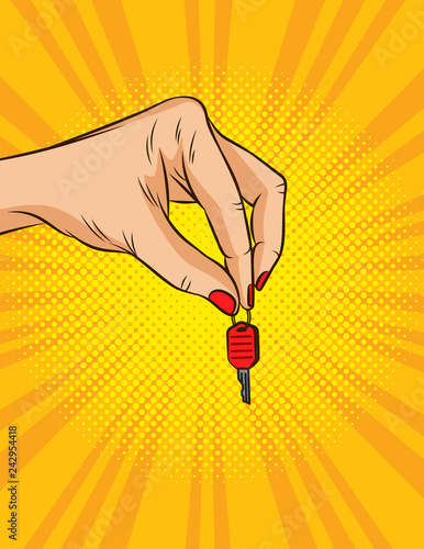 Color vector illustration in pop art style. Female hand holds keys to the vehicle. The hand of the owner passes the key. Advertising poster about renting or selling a car or house for the new customer