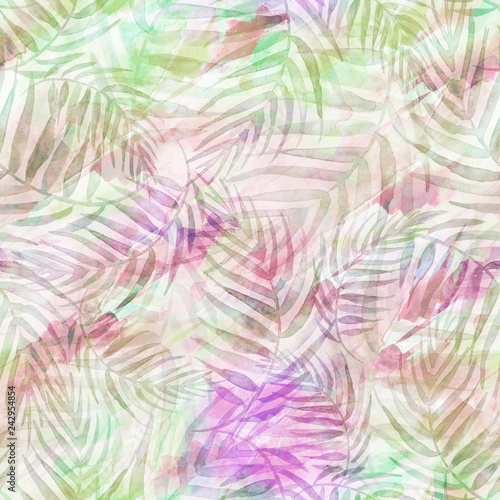 Seamless watercolor background from green,pink tropical leaves, palm leaf, floral pattern. Bright Rapport for Paper, Textile, Wallpaper, design. Tropical leaves watercolor. Exotic tropical palm tree