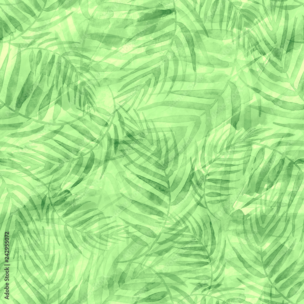 Seamless watercolor background from green tropical leaves, palm leaf, floral pattern. Bright Rapport for Paper, Textile, Wallpaper, design. Tropical leaves watercolor. Exotic tropical palm tree