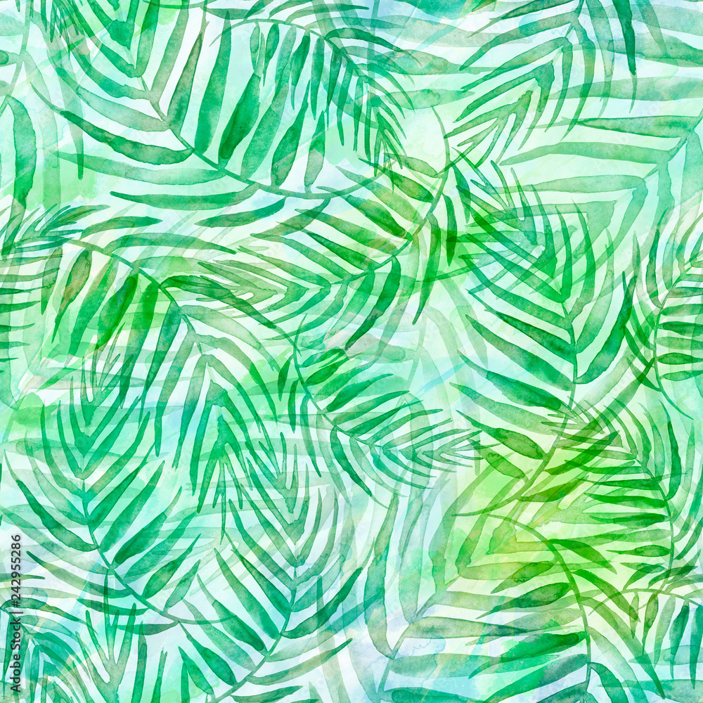 Seamless watercolor background from green tropical leaves, palm leaf, floral pattern. Bright Rapport for Paper, Textile, Wallpaper, design. Tropical leaves watercolor. Exotic tropical palm tree