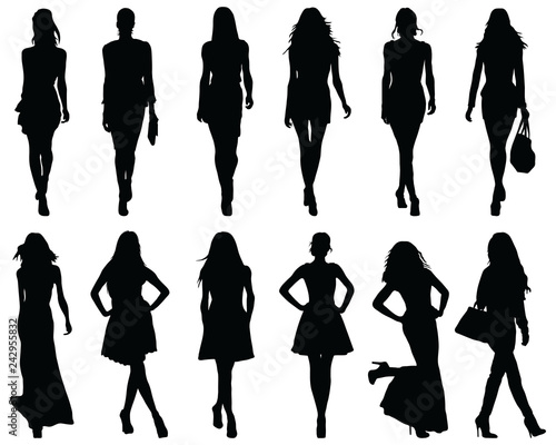 Set beautiful fashion girl silhouette on a white background