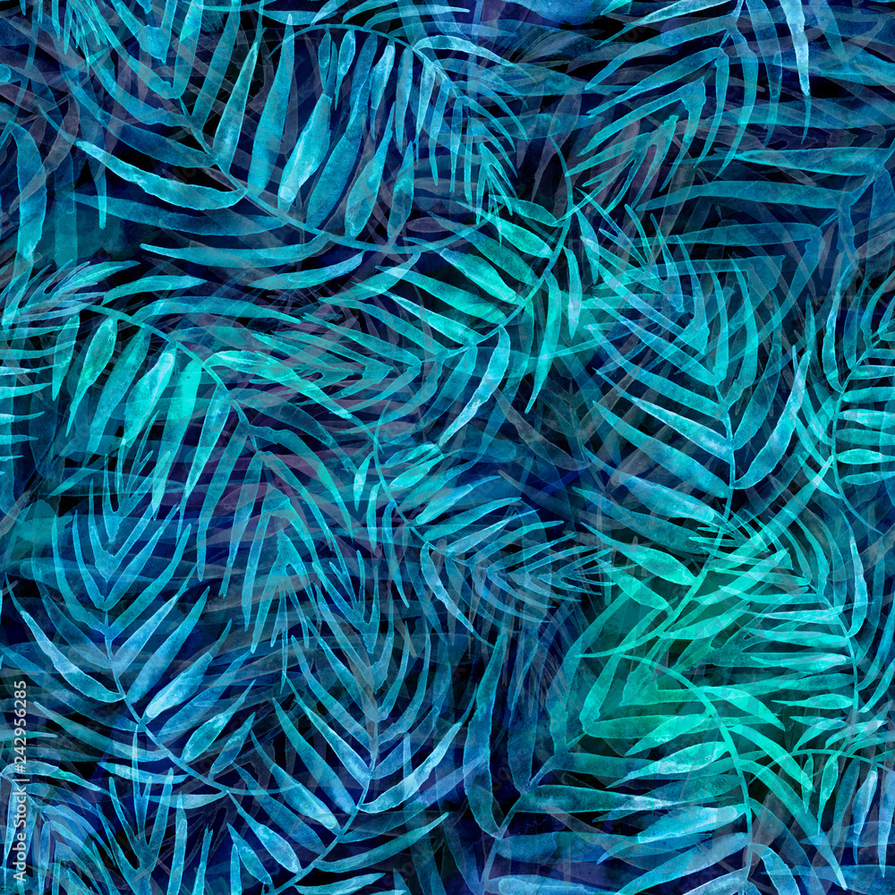 Fototapeta premium Seamless watercolor background from purple, blue tropical leaves, palm leaf, fern, floral pattern. Bright Rapport for Paper, Textile, Wallpaper, design. Tropical leaves watercolor.Fashionable, stylish