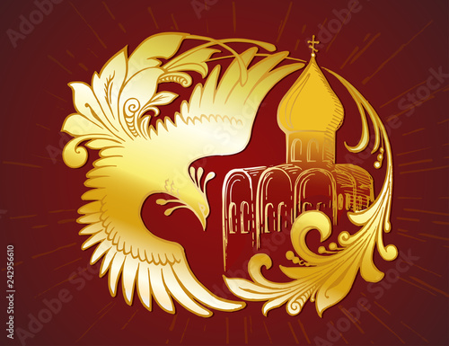 Hand drawn golden fairy tail bird, character of Russian folk tales and old Russian cathedral, on the deep red background. Vector graphic element for design of cards, t-shirts, bags and other souvenirs