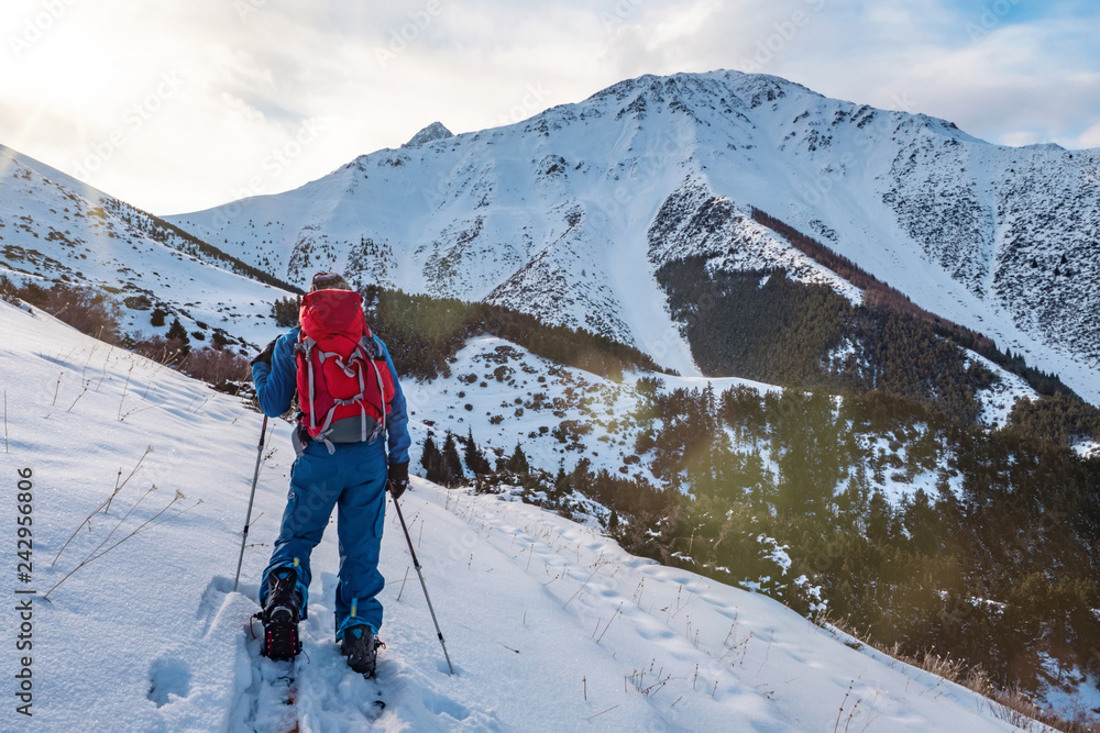 A man in the mountains. Ski touring on a split snowboard. A man stands with his back to the viewer and looks at the mountain landscape. Winter sport.