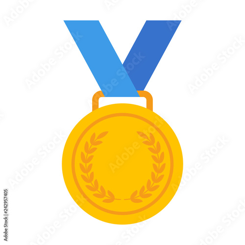 Yellow Gold medal with blue ribbon flat vector icon for sports apps and websites