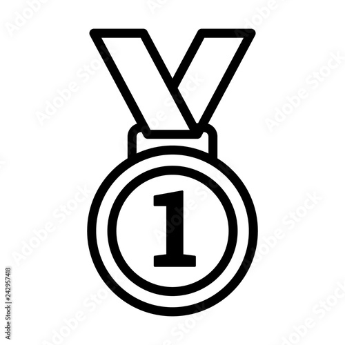 First /1st place gold medal with number 1 and ribbon line art vector icon for sports apps and websites