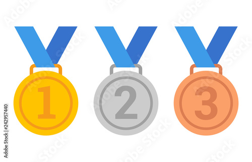 Gold, silver and bronze medals with 1st, 2nd and 3rd place numbers flat vector icons for sports apps and websites