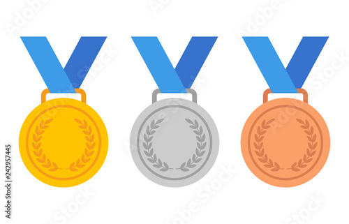 Gold, silver and bronze medals with blue ribbon flat vector icons for sports apps and websites