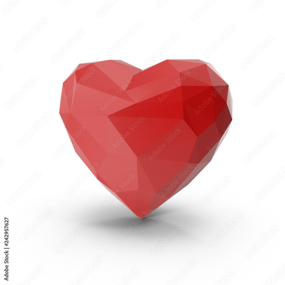 Red Low Poly Heart 3D rendered with shadows on white background Red Low Poly Heart 3D rendered with shadows on white background